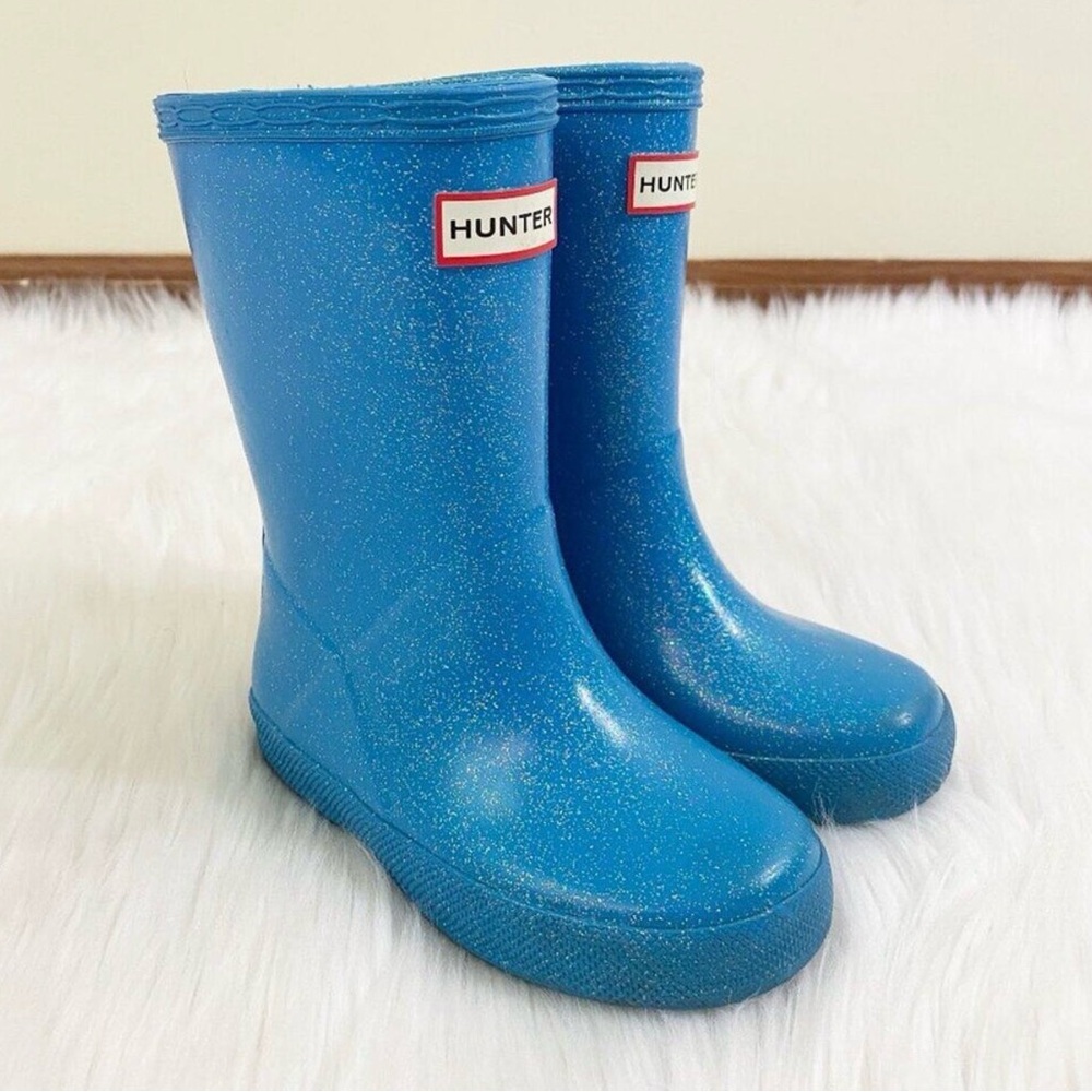 Hunter Aqua Glitter Rain Boots Round Toe Waterproof Girls Size 9 VGUC